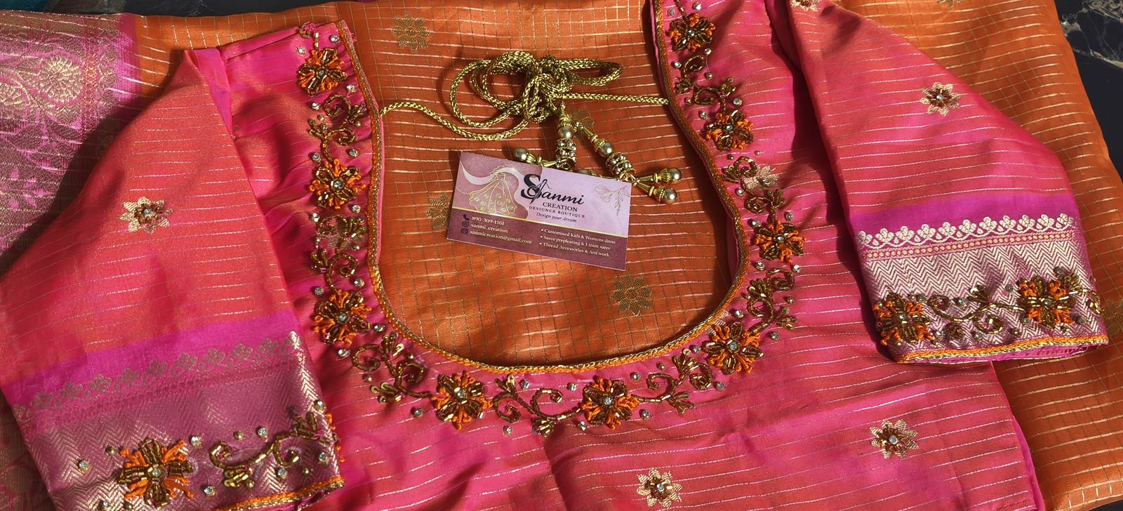 Pink bridal Aari blouse with kundan work