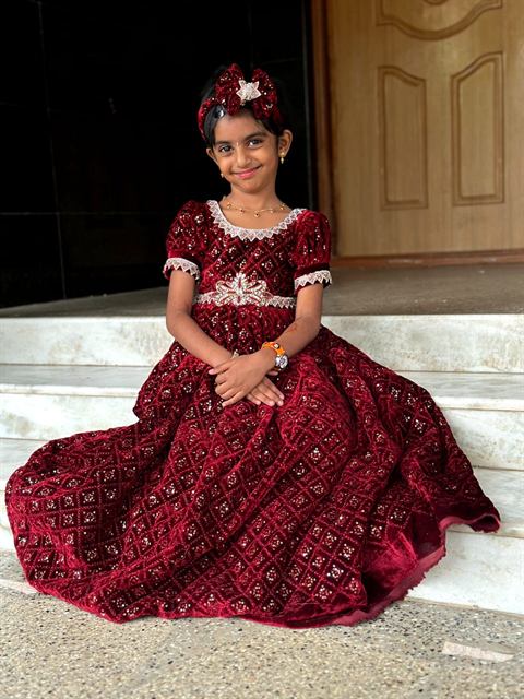 Maroon Embroidered Gown — Sequin work on velvet-look fabric