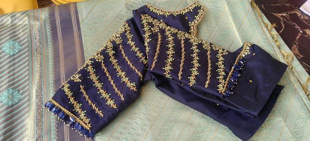 Navy Statement Sleeves — Zari bands with bead fringe