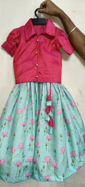Mint Floral Lehenga — With pink shirt-style top